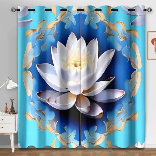 Curtains for Living Room Blue Beige Lotus Door Curtain Polyester Washable Blackout Curtains Office Curtains for Bedroom Decoration Eyelet Curtains 2 Panels Curtains 2x140x250 cm