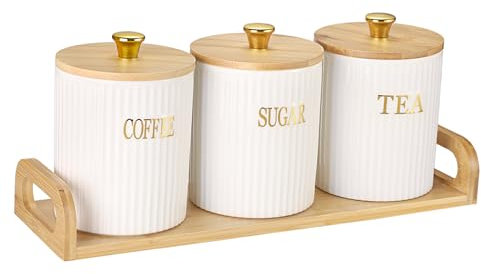 BTSKY White Ceramic Sugar Coffee Tea Storage Canisters with Lid - 3PCS Airtight Storage Containers with Wooden Tray Ceramic Food Storage Jars with Bamboo Lid for Farmhouse Kitchen Counter
