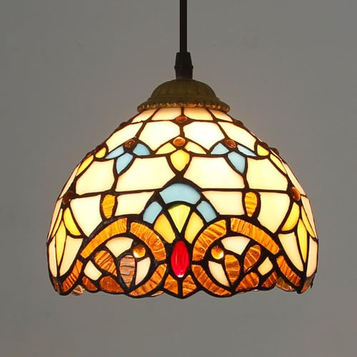 Mengjay Barock Pendelleuchte Esstisch Glas Hängelampe Höheverstellbar Vintage Esszimmer Lampen,Lampenschirm aus Buntglas,E27 Wohnzimmerlampe (A)