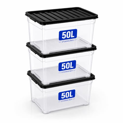 KAPCO 50 Litre Storage Boxes with Lids (3 Pack) | Large, Stackable Clear Plastic Box with Black Lid | Ideal Multipurpose Storage Solution for Home & Office | 57 x 40 x 30cm