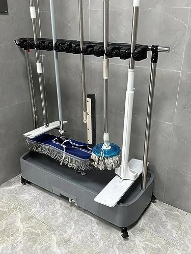 DDNGEJ Household Corner Mop Broom Holder Rack Heavy Duty Cleaning Tool Rolling Cart for Laundry Shed & Garden Yard Floor Standing Garage Tool Storage w/Hooks