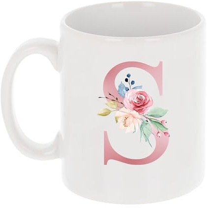 Tazza da caffè personalizzata con iniziale floreale, con monogramma e lettera dell'alfabeto S in oro rosa, regalo per lei, migliore amica, mamma, moglie, compleanno, matrimonio, festa della mamma