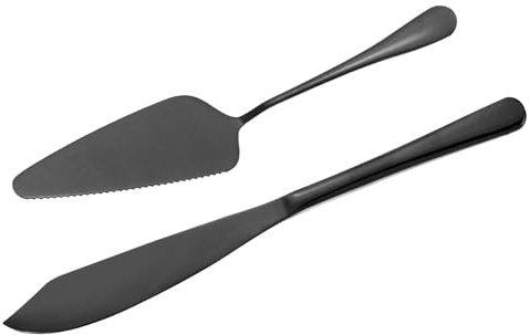QUARKZMAN Juego de Cuchillo y Espátula para Pastel, 11/9 Pulgadas, Acero Inoxidable, para Servir Pastelería, Cortador de Pizza, Regalo para Bodas, Cumpleaños o Fiestas, Color Negro