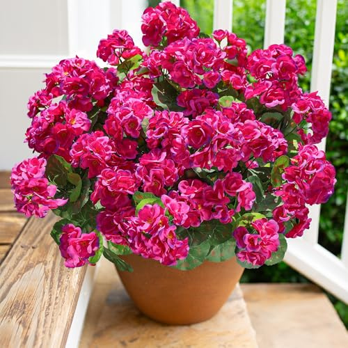 Flores Artificiales de Geranio para decoración al Aire Libre, 6 Paquetes de Flores de geranios de Seda Resistentes a los Rayos UV, Plantas Artificiales Reales para Maceta Exterior, Puerta Delantera