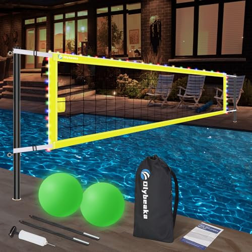 Base Free Schwimmbecken-Volleyballnetz-Set für oberirdische / inground Pools mit 3,8 cm Aluminiumstangen, 15–25 cm breites, verstellbares Anti-Aging-Netz, 2 Wasservolleybälle und Tragetasche (gelb)