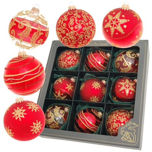 Krebs Glas Lauscha - Weihnachtsdekoration/Christbaumschmuck aus Glas - Satin-Glaskugelsortiment - Farbe: Rot - Inhalt: 9 Stück - Größe: ca. 10 cm