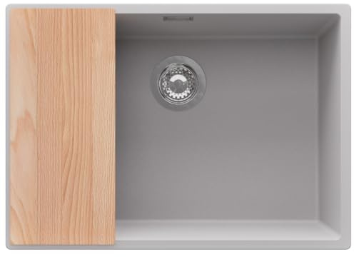 PRIMAGRAN Fregadero bajo Encimera al Mueble 70cm + Kit de desagüe, 66x47cm | Set: Kit de desagüe (sifón, válvula, rebosadero) + Tabla de Cortar + London 1 Seno para Cocina, Gris