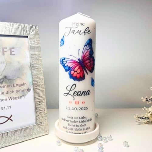 Taufkerze Mädchen oder Jungen mit Taufspruch, Motiv mit Schmetterlingen, personalisierte Kerze, bedruckte Kerze zur Taufe, Geburtstagskerze,Patenkerze, Taufgeschenk,Maße 25x8 cm,Kommunionkerze