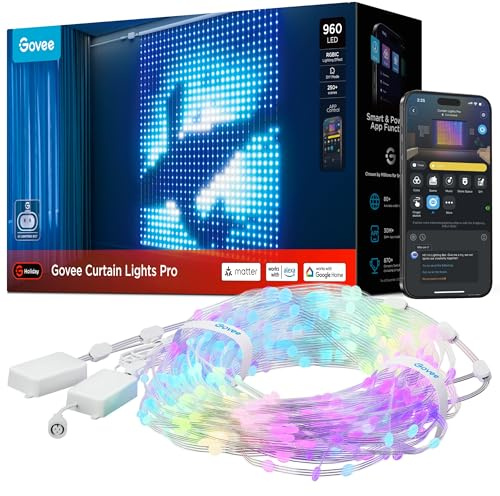 Govee Curtain Lights Pro, 960 LEDs Curtain Lights, Upgraded Smart Color Changing LED Curtain with AIGC, Dynamic DIY Wall String Lights for Christmas Holiday Decor, Outdoor IP67 Waterproof, 5.41×5.77ft