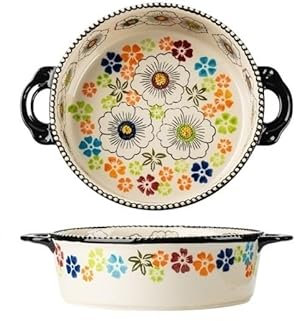 yixinzi-2024 Teglia Teglia da Forno Multifunzione da 950 ml, in Ceramica, Rotonda, a Doppio Orecchio, Vintage Teglia da Forno