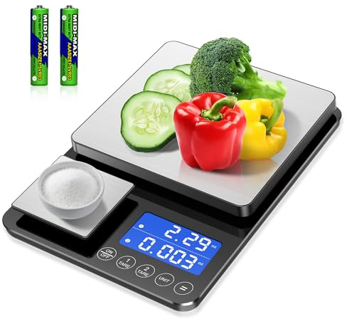 BRICH Bilancia da cucina e da cucina digitale con doppia piattaforma: precisa 15 kg/1 g e 500 g/0,01 g, funzione tara e somma, 7 unità, ideale per cucinare, cuocere e professionisti della cucina