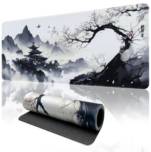 Zindoo Tapis de Souris XXL Tapis de Souris Gamer 900 x 400mm Optimisé pour Capteur, Haute Précision et Vitesse avec Bords Cousus et Base Antidérapante (Peinture à l'encre)