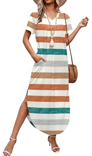 WIHOLL Summer Striped Dress Maxi Long Casual Dresses for Women 2026 Loose V Neck Swing T Shirt Casual Dress Sundresses S