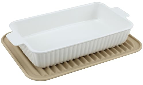 EIKS Ceramic Baking Dish with Handles and Silicone Mat for Serving Baking and Steaming Lasagna Noodle Meat Rice Pasta Bread Casseroles Meal (White, 12-inch)