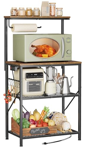 Huuger 4-Tier Bakers Rack with Reversible Power Outlet, 23.6 Inch Microwave Stand, Kitchen Coffee Bar, with Top Shelf, 6 S Hooks, Rustic Brown