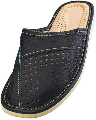 APREGGIO zapatillas de cuero para hombre - slippers de cuero - pantuflas hombre - zapatillas casa hombre - color negro oscuro - talla 47