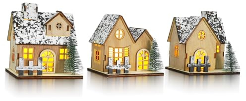 Kisangel 3 Teiliges Winterdorf Set aus Holz mit LED Beleuchtung Miniatur Weihnachtsdörfer mit Warmem Licht für Tischdekoration Kamin und Festliche Winterdeko