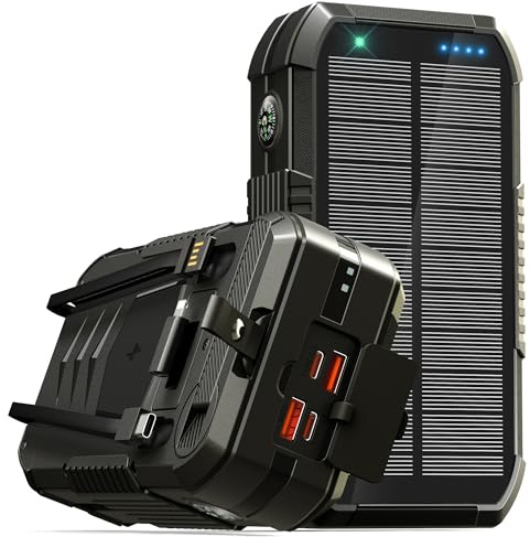 Cargador Solar 70000mAh : 30W PD 3.0A USB C Carga Rápida Bateria Externa con 2 Cables, 7 Output & 4 Input, 15W Carga inalámbrica, Manivela de Mano Integrada, Linterna, Cargador Portátil para Teléfono