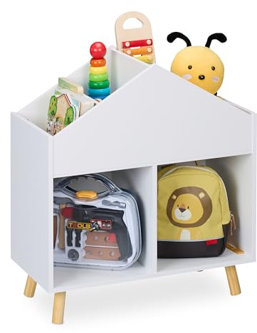 Relaxdays Kinderregal Haus, HxBxT: 64,5 x 60 x 30 cm, 6 Fächer, Aufbewahrungsregal Kinderzimmer, Hausform, weiß/Natur | Aufbewahrungsregal Kinderzimmer, Hausform