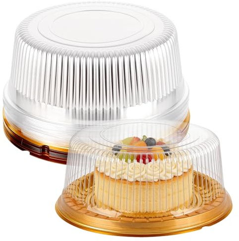 SINJEUN 20 PCS Clear Cake Containers with Lids, 8 Inch Plastic Cake Boxes, Small Round Containers for Cakes, Snacks, Desserts, Tapas(Gold Bottom)