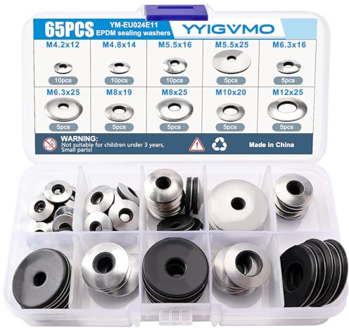YYIGVMO 65 Piezas M4.2 M4.8 M5.5 M6.3 M8 M10 M12 Kit de Arandelas de Acero Inoxidable Parte Trasera Neopreno EPDM, Arandelas de Sellado Adheridas EPDM, para Pernos Techo Marino