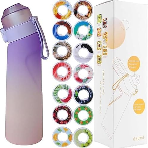 Gourde de sport (650 ml) pour l'école, la gym et le fitness - Avec 7 dosettes aromatiques sans sucre et paille - Noire - Avec goût - Convient également pour les enfants (Devenu progressivement violet)
