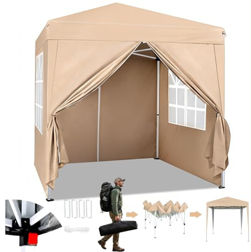 LEADZM Pavillon 2x2m Garten Faltpavillon mit 4 Seitenteilen,Khaki | Wasserdicht ,Winterfest,Höhenverstellbar,UV Schutz 50+,Gartenzelt,Partyzelt,Stahlrahmen,für Garten,Party,Camping