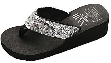 Badtofflor dam platå, flip flops dam med fotbädd, halkfri tjock sula kilklack strandsko paljetter halkfria sandaler tofflor sommar öppna skor, sliver, 38 EU