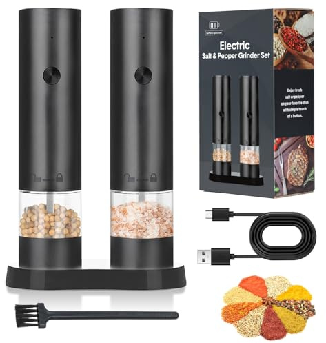 USB Rechargeable Electric Salt and Pepper Grinder Set, 4-Level Adjustable Coarseness Ceramic Grinder with Storage Base, One-Hand Operation Washable Container for Kitchen/Picnic/BBQ