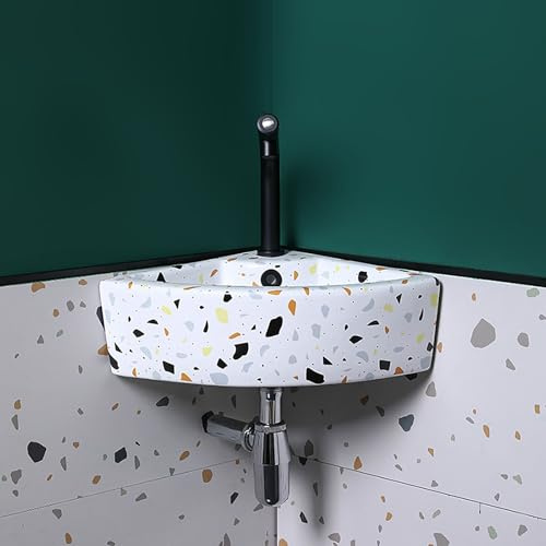 Évier de salle de bain d'angle compact mural en céramique de 43,4 cm pour petits espaces, idéal pour les petites salles de bains