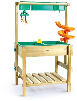 Hape Outdoor Wasserspieltisch – FSC‑Holz, pflanzenbasierter Kunststoff, Sand‑ & Wasserspiel, höhenverstellbar, wetterfest, inkl. Zubehör, für Kinder ab 3 Jahren