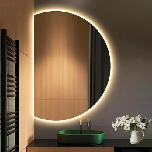 Aenmezen Specchio da Bagno Moderno Senza Cornice a Mezzaluna, Specchio Cosmetico Retroilluminato Intelligente, con Interruttore Tattile, Luce Bianca/Neutra/Calda(Left cut,90 * 60cm)