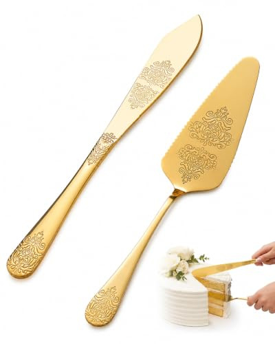 BTACGWP Ensemble Couteau et Pelle à Gâteau, 2 Pièces Acier Inoxydable Doré, Motif Ciselé pour Coupe Gateau Précise Sans Émietter Mariages et Anniversaires
