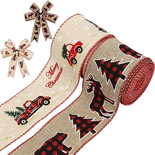 Kingovalley Lot de 2 rouleaux de rubans de Noël de 9,1 m, 6,3 cm, camion rouge vintage et sapin de Noël, ourson à carreaux, rubans à bords métalliques pour emballage cadeau de Noël, loisirs créatifs,