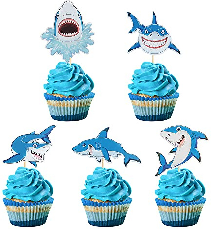 Blumomon Cupcake-Topper, Hai-Motiv, blauer Hai, Kuchendekorationen für Kinder, Jungen, Mädchen, Babyparty, Geburtstagsparty, Dekoration, 25 Stück