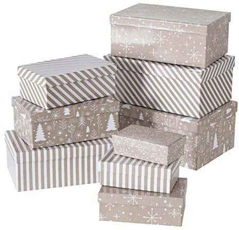 CasaJame Geschenkschachtel Kartonage Box 9er Set weiß beige Weihnachtsbäume Streifen Sterne L13-30cm rechteckig