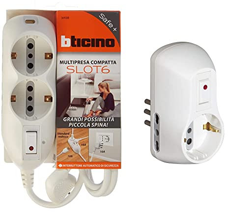 BTicino 3695DB Ciabatta Multipresa Compatta Slot6 con Interruttore Luminoso Automatico di Sicurezza & S3610DB Kit Adattatore Safe 1 Presa Standard Tedesca e 2 Prese 10A