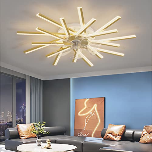 LJX Ceiling Fans with Lights and Remote APP Control Reversible DC Large Ceiling Fans with Lamps Dimmable 6 Speed Fan Light for Living Room Bedroom, Gold, 92cm