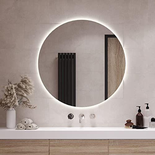 Tulup Specchio Ø 90 cm Vetro Temperato Rotondo da Parete al Bagno Salone Camera da Letto – Luce Neutro LED