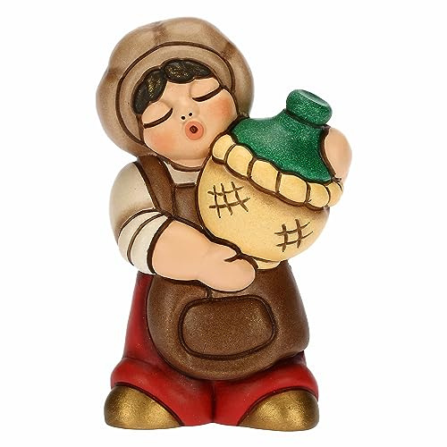 THUN - Oste con Damigiana in Ceramica Decorata a Mano, Colore Rosso, Linea Presepe Classico, Decorazioni Natale Casa, 5.1x3.5x8.1 cm h