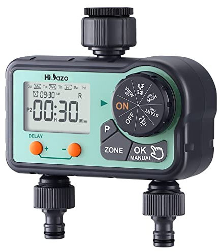HiOazo Computer per irrigazione giardino automatico, 2 Vie, 6 programmi di irrigazione al giorno, Centralina Irrigazione, Ritardo per Pioggia, Modalità Manuale, Timer per l'acqua per Giardino e Serra