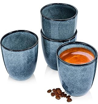 Sänger | Tasse ohne Henkel Darwin 4 tlg, Kaffee Gläser 4 Personen, Steingut Kaffee Becher, Kaffeebecher ohne Henkel Handmade, Mokka Tassen Set, Kaffeebecher Set Blau 300 ml | PREMIUM COLLECTION