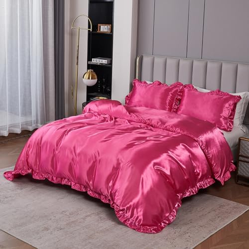 Silk Like Satin Bedding Hot Pink Duvet Cover Set Soft Silky Ruffle Comforter Cover Sexy Hotel Silky Bedding Sets Queen 1 Duvet Cover 2 Pillowcases