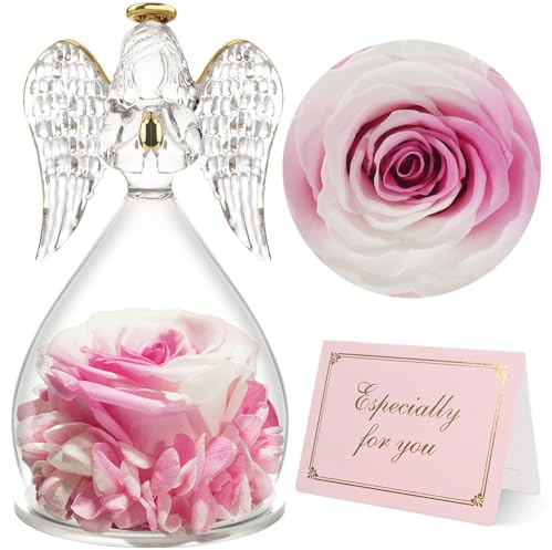 Yamonic - Ängelfigur äkta ros present till mamma mormor konserverade blommor present till jul årsdag födelsedag till henne (vit rosa)