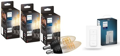 Philips Hue White Ambiance Filament E14 LED Lampe, Dimmbar, 350lm, Alle Weißschattierungen, App-steuerbar, Alexa-kompatibel, Klar, 6er Pack mit Kabellosem Dimmschalter für Lichtszenenabruf