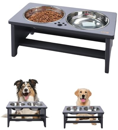 HTB Erhöhte Hundenäpfe für große Hunde, Bambus Erhöhte Hundenapfständer mit 2 Edelstahlschüsseln für kleine mittelgroße Hunde und Haustiere Dog Bowls - 44x24x18cm