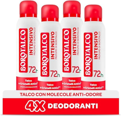 Borotalco, Deodorante Spray Intensivo, con Talco a Cristalli Attivi, Ipersudorazione, Senza Alcool, Profumo di Borotalco, 72h efficacia - 4 Pezzi da 150 ml - Esclusiva Amazon