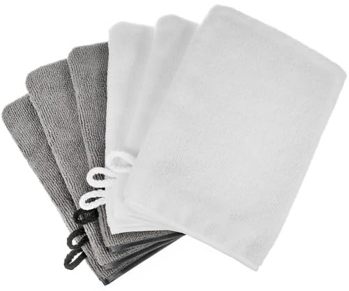 PHOGARY Mikrofaser-Waschhandschuhe, Waschlappen Weiches Gesichtshandschuh, Badespa-Tuch, Wiederverwendbare Make-up-Entferner-Handschuhe, 15x21 cm, 6 Stück, Weiß & Dunkelgrau