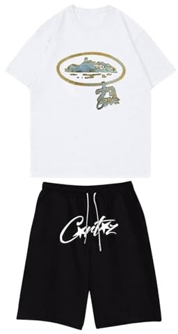 Conjunto de camiseta y pantalones cortos para hombre, conjunto de hip hop, para gimnasio, relajado, vintage, ligero, ropa de verano para correr, blanco, M