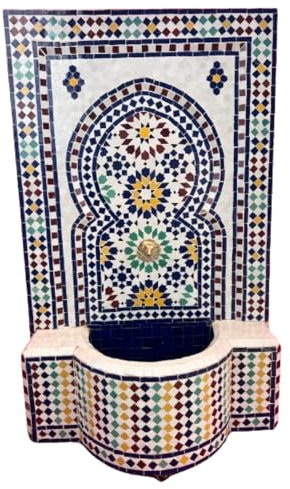 Marrakesch Gartenbrunnen Zimmerbrunnen aus original marokkanische Mosaik 130 cm Gross | Brunnen als Gartendeko Terassendeko & Balkon Deko | Springbrunnen Inkl. Pumpe für entspannenden Wasserfall